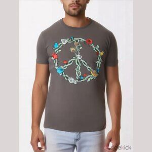 DOM Men's Large Dark Gray Peace Sign Thorns Floral Mushroom Print Cotton T-Shirt